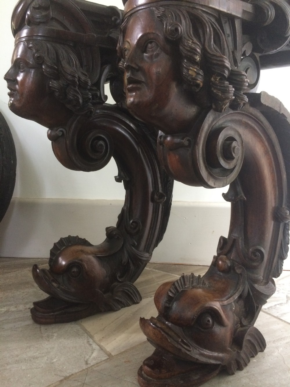 19th Century Carved Mahogany Mythical  Winged Caryatids Dolphin Piano Legs 