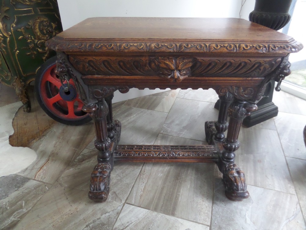 Victorian Carved Oak Library Central Hall Table Dolphin Feet