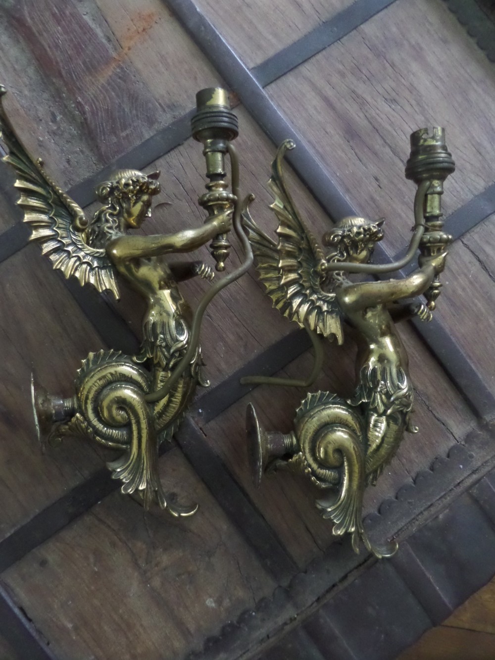 Antique Victorian Winged Mermaid Angels Gas Sconce Wall Lights
