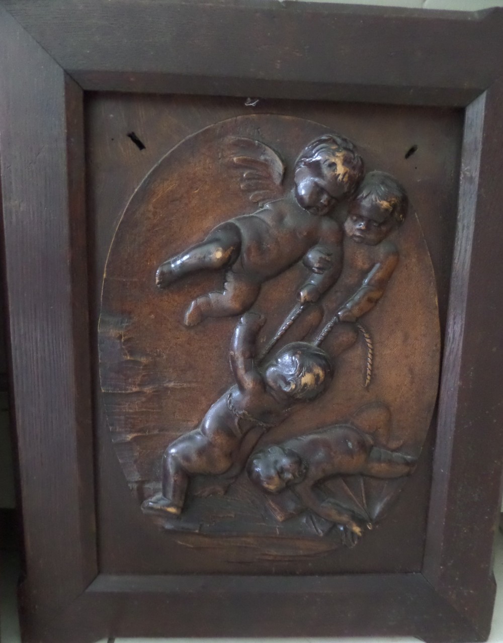 19th Century Carved Oak and Walnut Panel Putti Playing