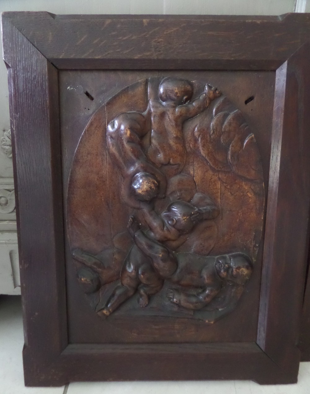 19th Century Carved Oak and Walnut Panel Putti Playing
