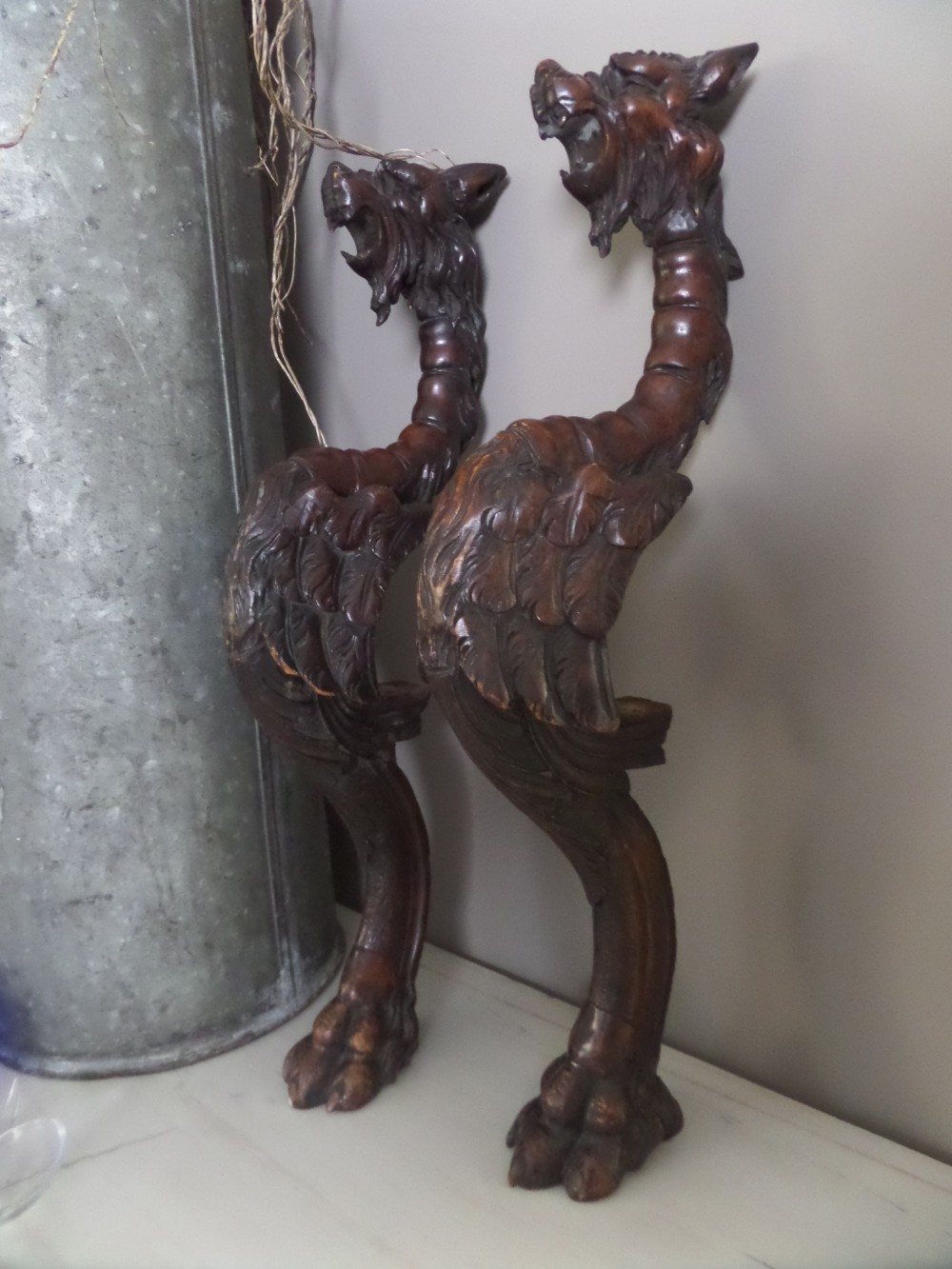 Large 19th Century Carved Walnut Winged Griffins Caryatids 