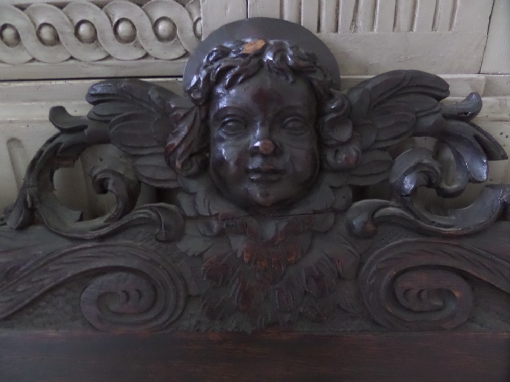 Large Carved Oak 18th Century Cherub Panel Overmantel
