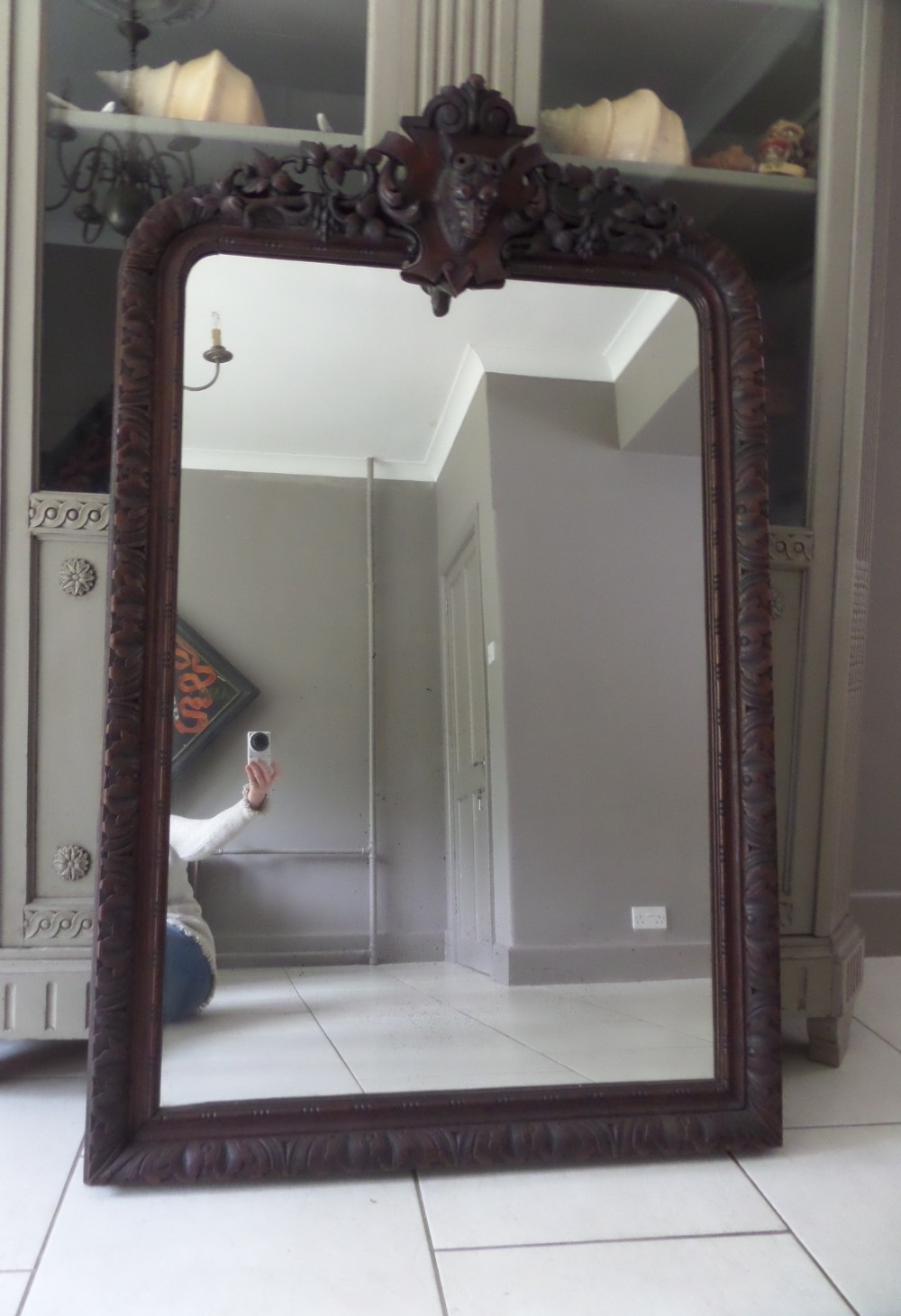 Antique 19th Century Carved Oak Black Forest Deer Head Mirror