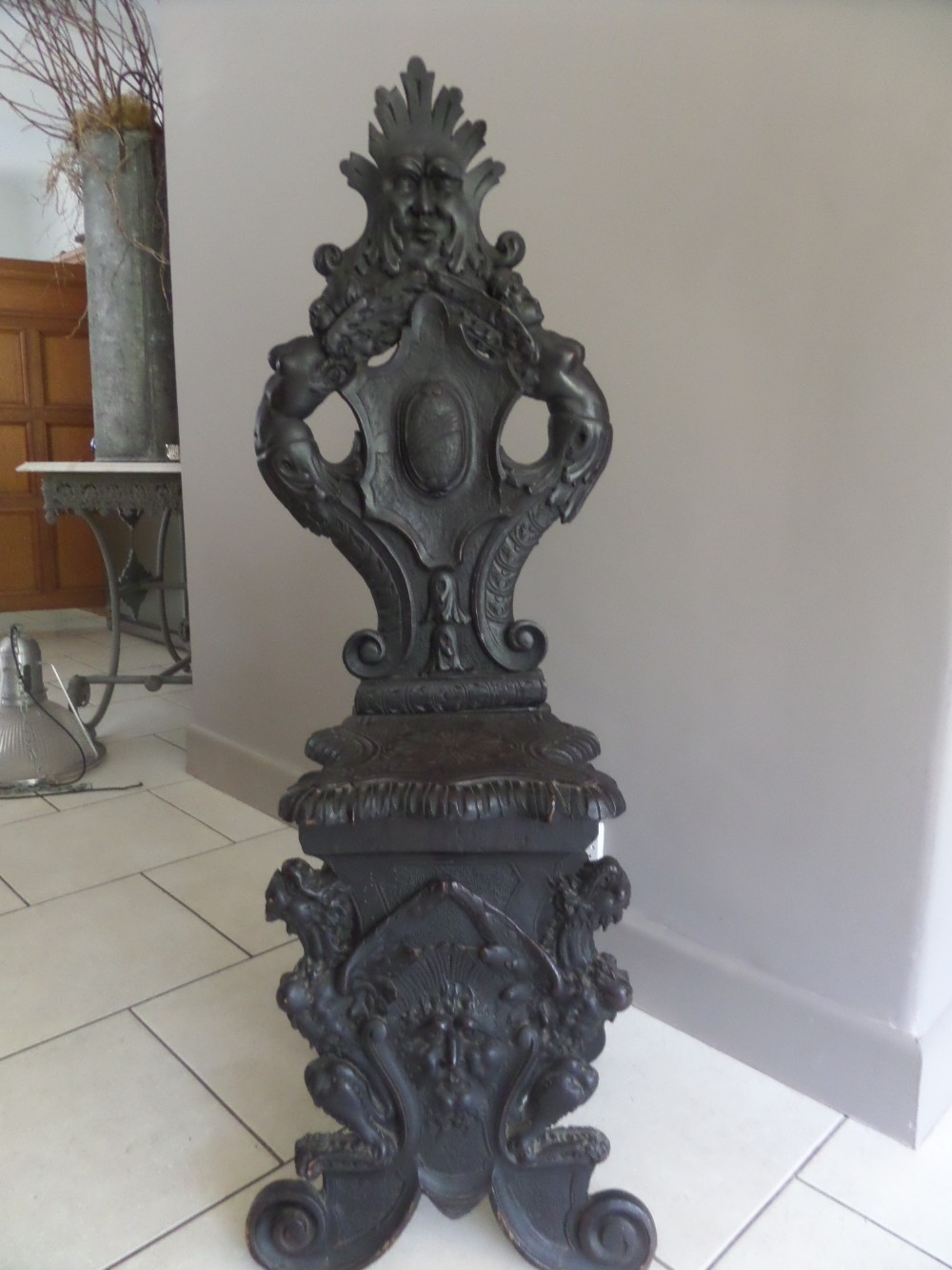 19th Century Carved Oak Grotesque Winged Mermaids Hall Chair