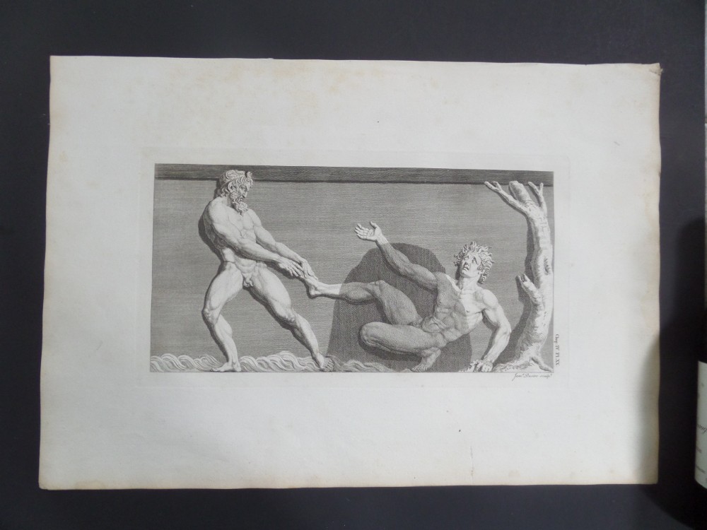 An eighteenth-century monochrome copperplate engraving depicting classical Greek figures in relief on laid paper.