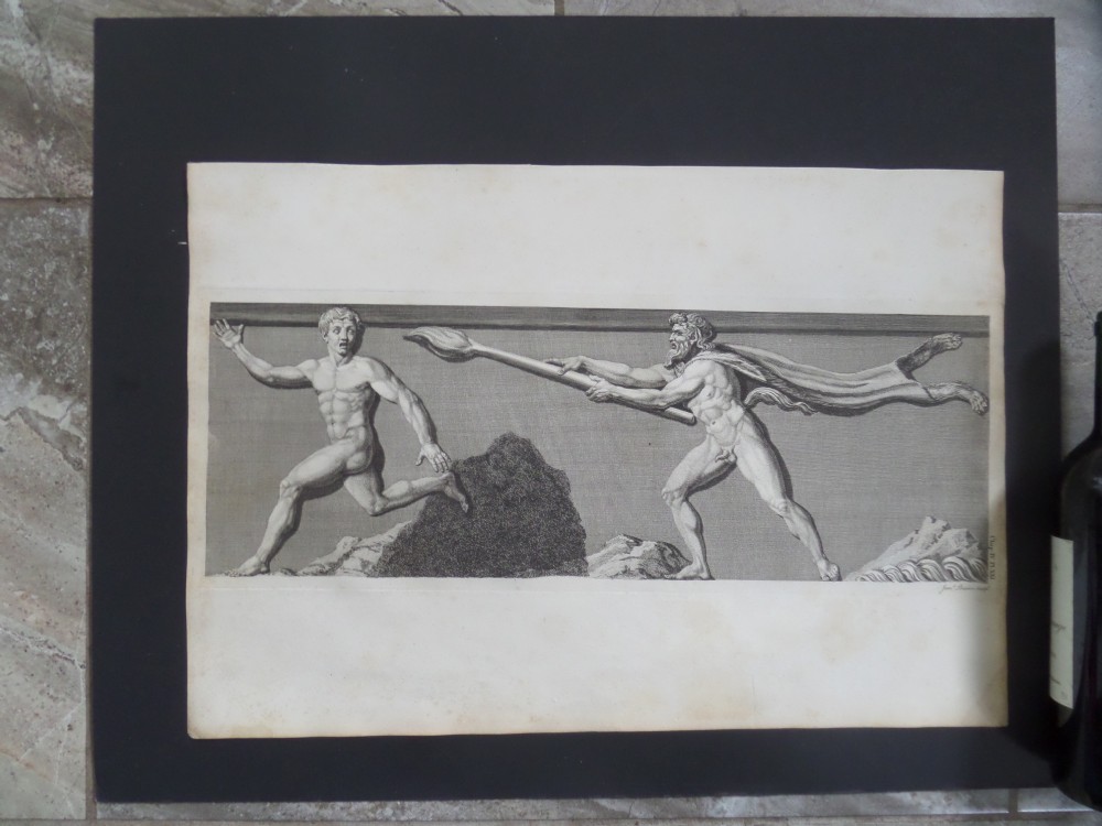 An 18th-century monochrome copperplate engraving depicting a classical relief frieze with two figures on cream paper.