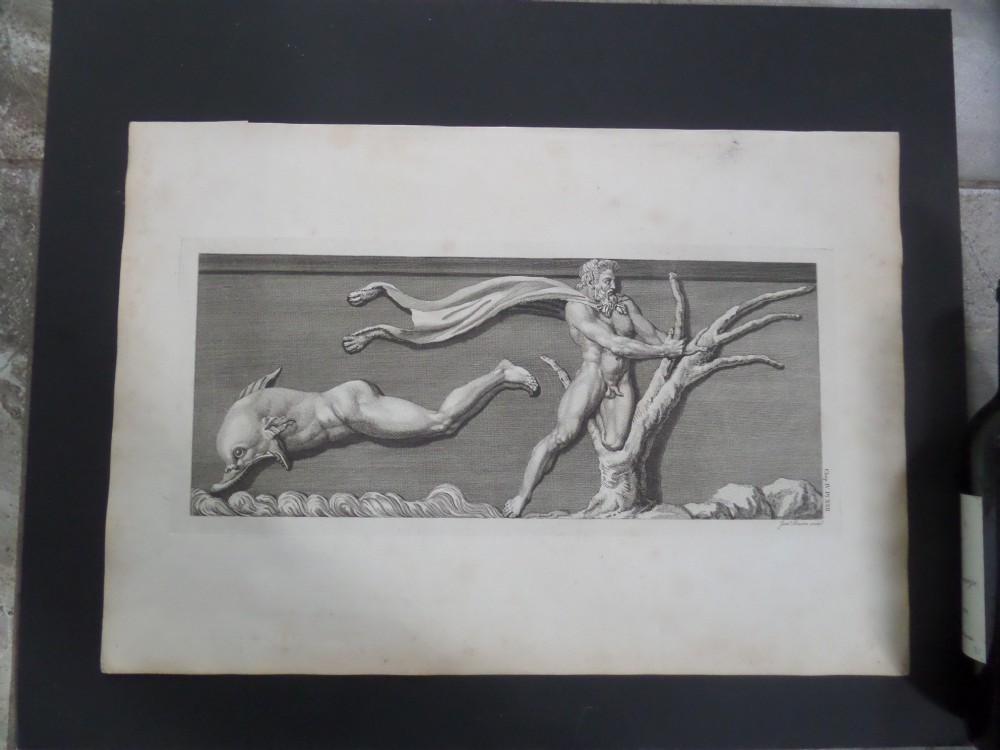 Large 18th Century Engraving Antiquities of Athens Dolphin & Satyr
