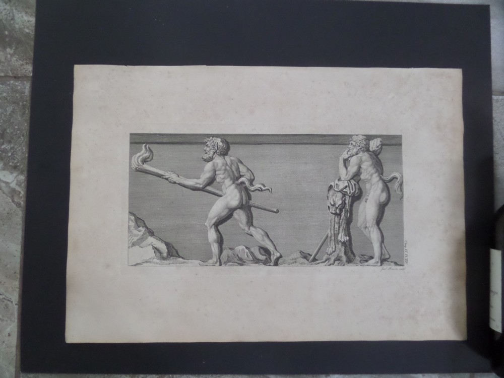 An 18th-century monochrome copperplate engraving depicting two classical satyr figures positioned on a plain background.