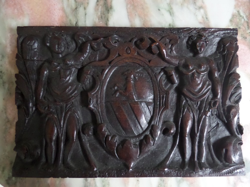16TH CENTURY CARVED OAK ARMORIAL WINGED ANGEL PANEL