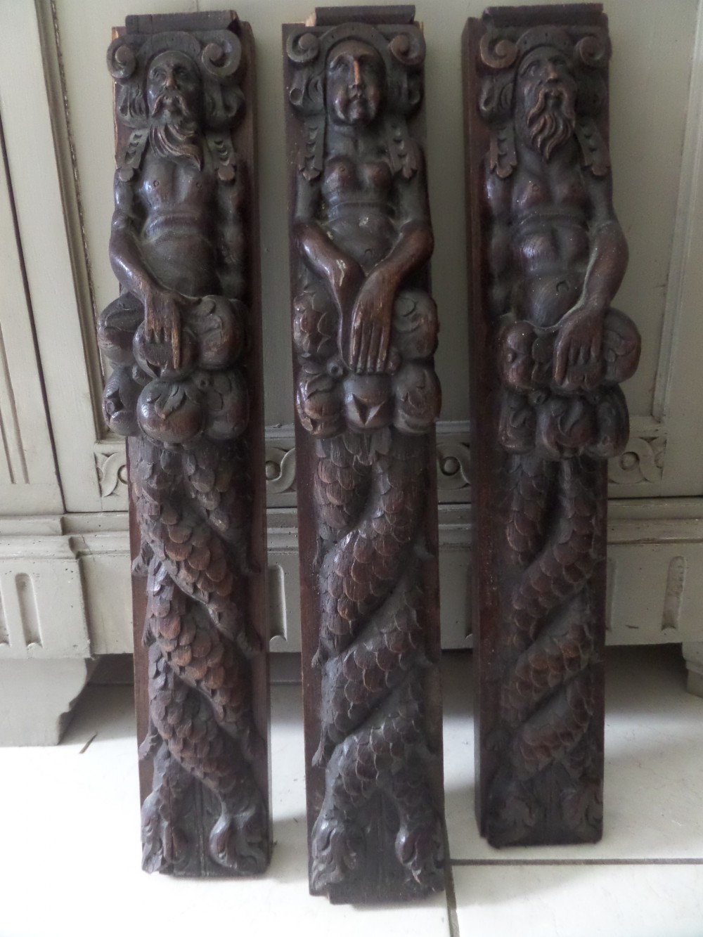 18th Century Carved Oak Panels Neptune and a Female Term Mermaid