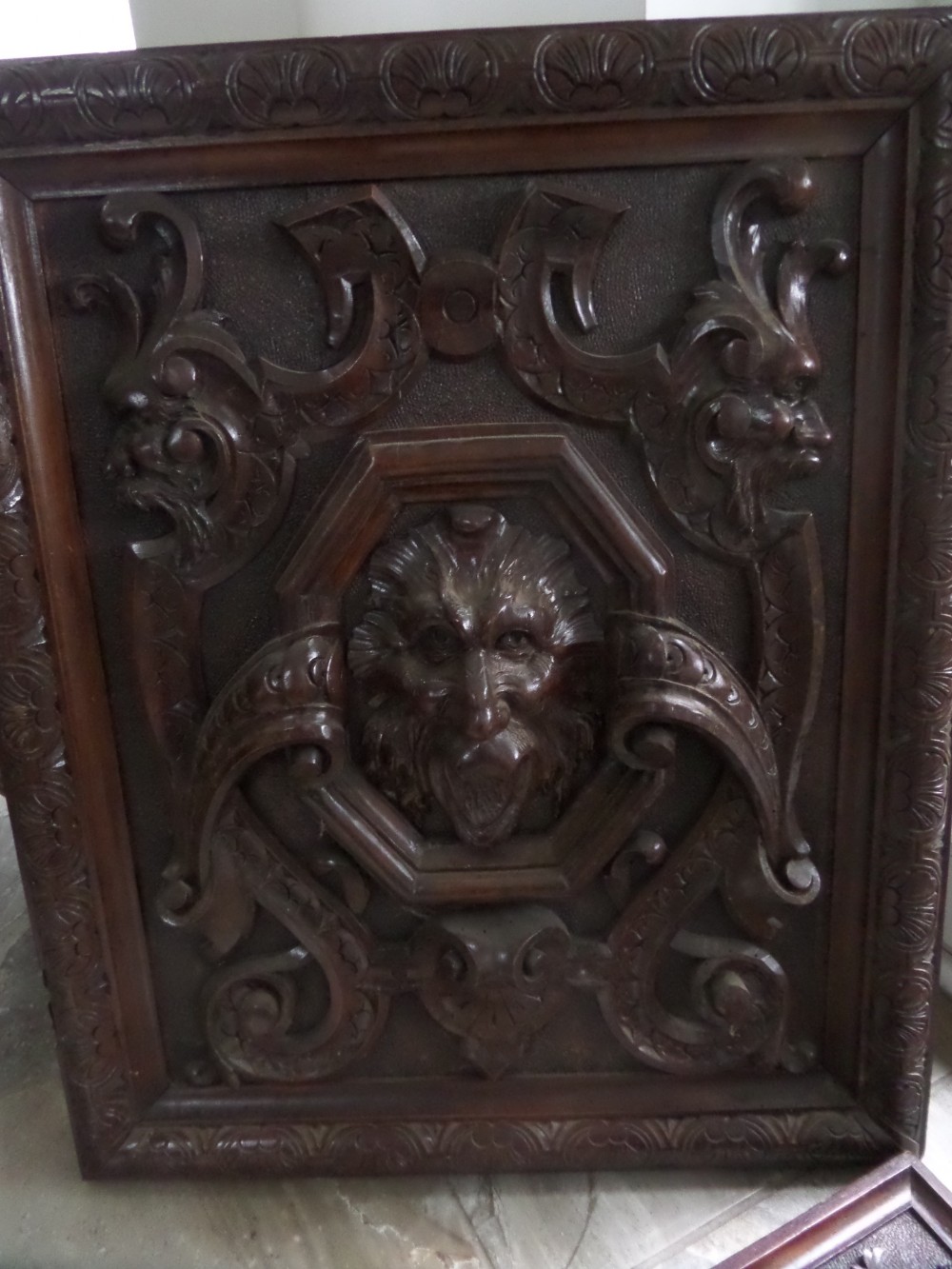 19th Century Large Green Man Mythical Lion Head Panel