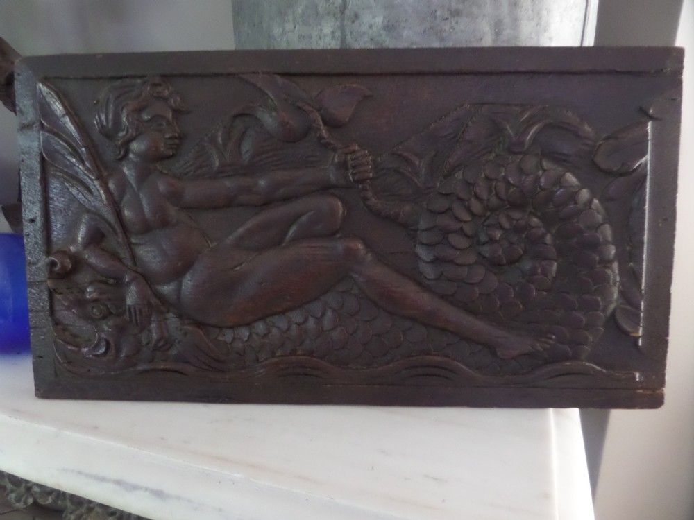 16th Century Carved Oak Mythical Sea Monster Panel 