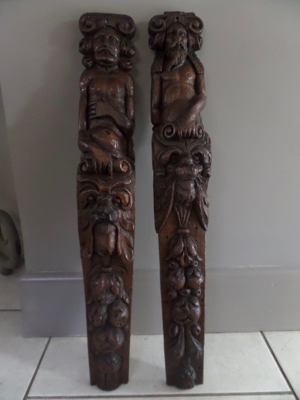 Large Carved Oak 18th Century Neptune Caryatids 