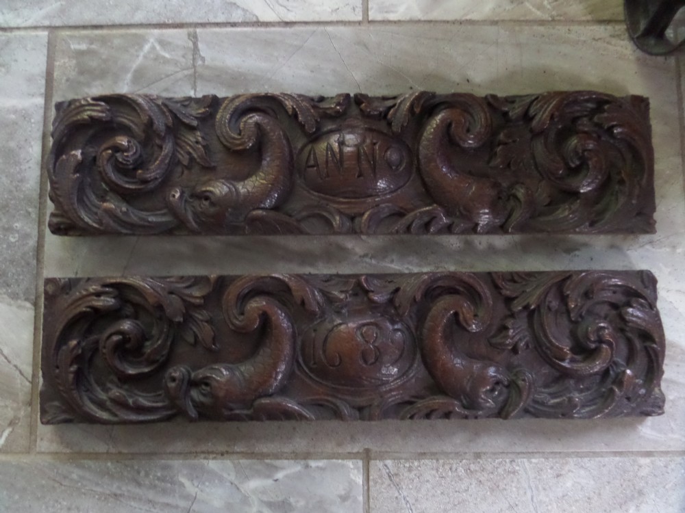 17th Century Carved Oak Armorial Panels dated 1689