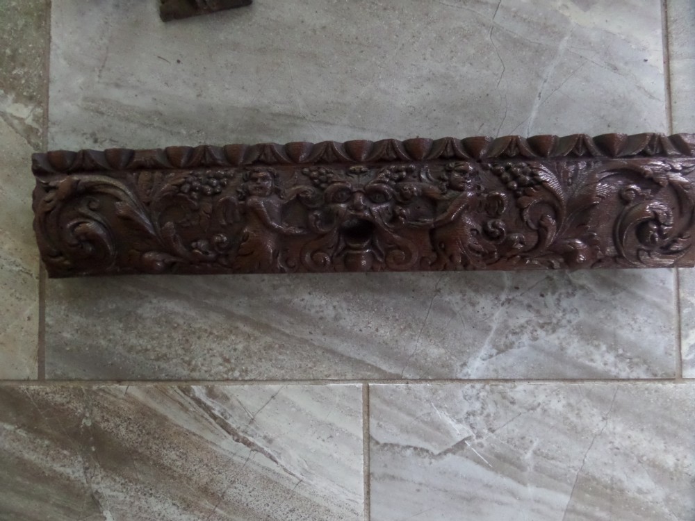 17th Century Carved Oak Devil Winged Cherubs Frieze Panel