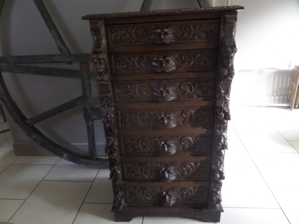 Victorian Carved Oak Wellington Chest of Drawers Green Man.