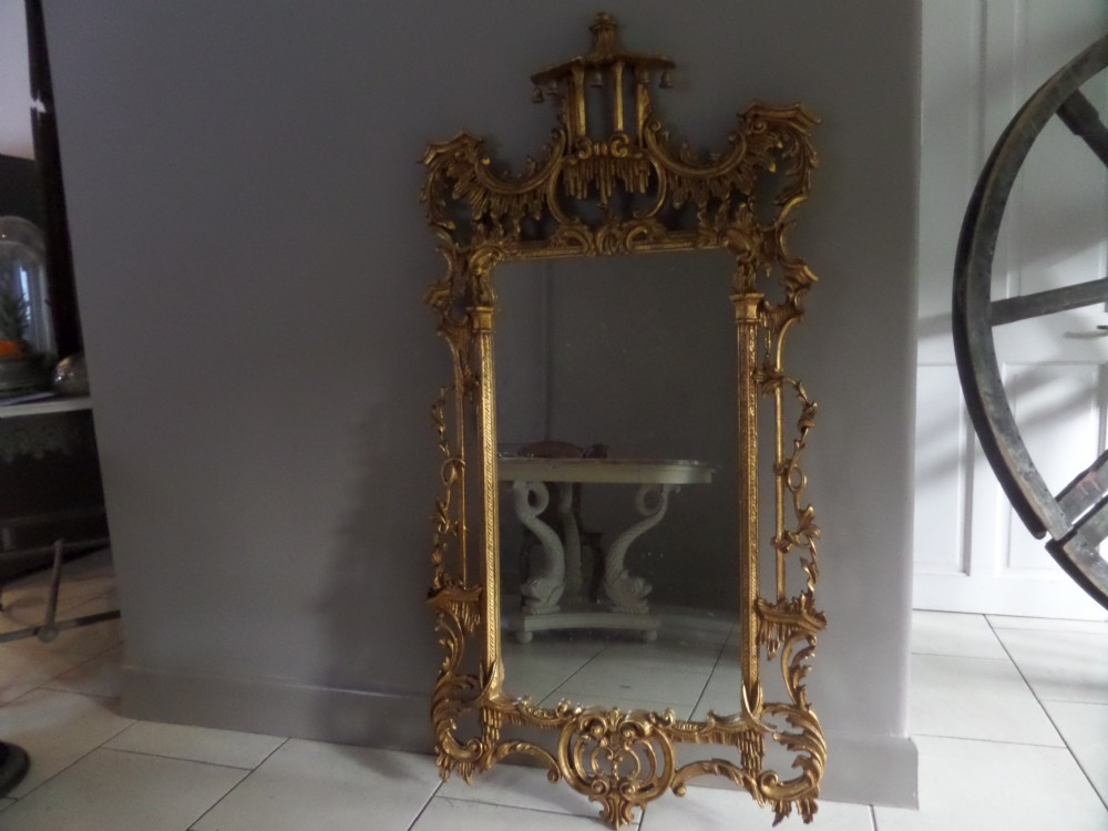 Antique Carved Wooden Chippendale Chinese Gilt Overmantel Mirror Chinoiserie