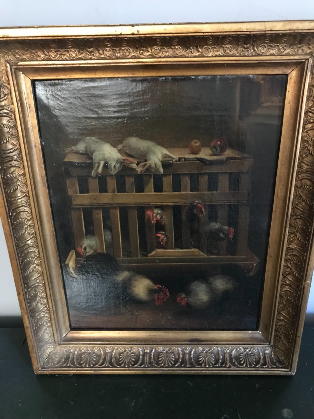 18th Century Still Life Oil Painting on Canvas Chickens & Hares