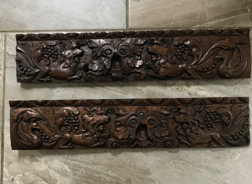 17th Century Carved Oak Panel Lions, Birds and Green Man Carvings