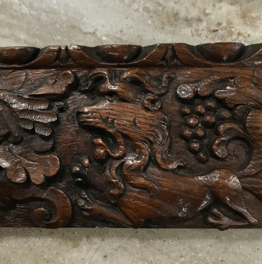17th Century Carved Oak Panel Lions, Birds and Green Man Carvings View II