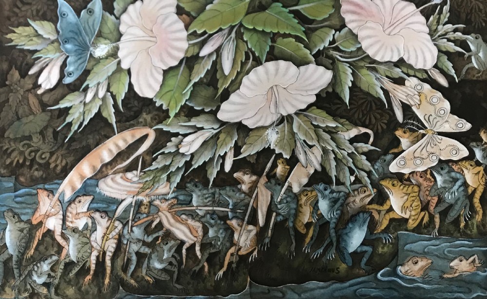 Antique Whimsical Frog and Butterfly Watercolour Gouache Painting