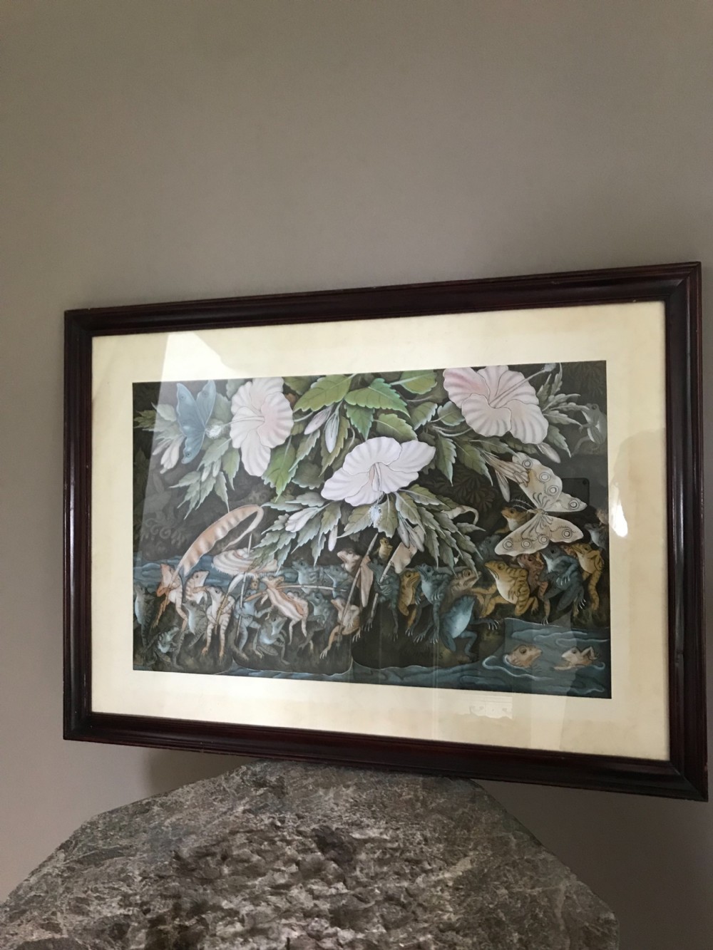 Antique Whimsical Frog and Butterfly Watercolour Gouache Painting View II