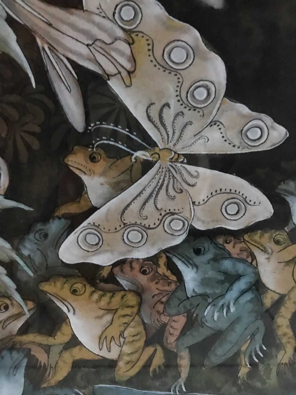 Antique Whimsical Frog and Butterfly Watercolour Gouache Painting View III