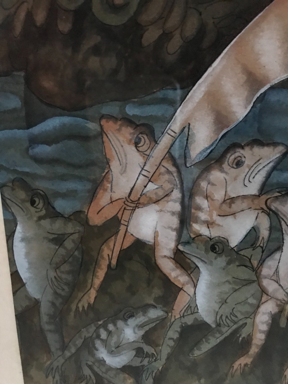 Antique Whimsical Frog and Butterfly Watercolour Gouache Painting View IV