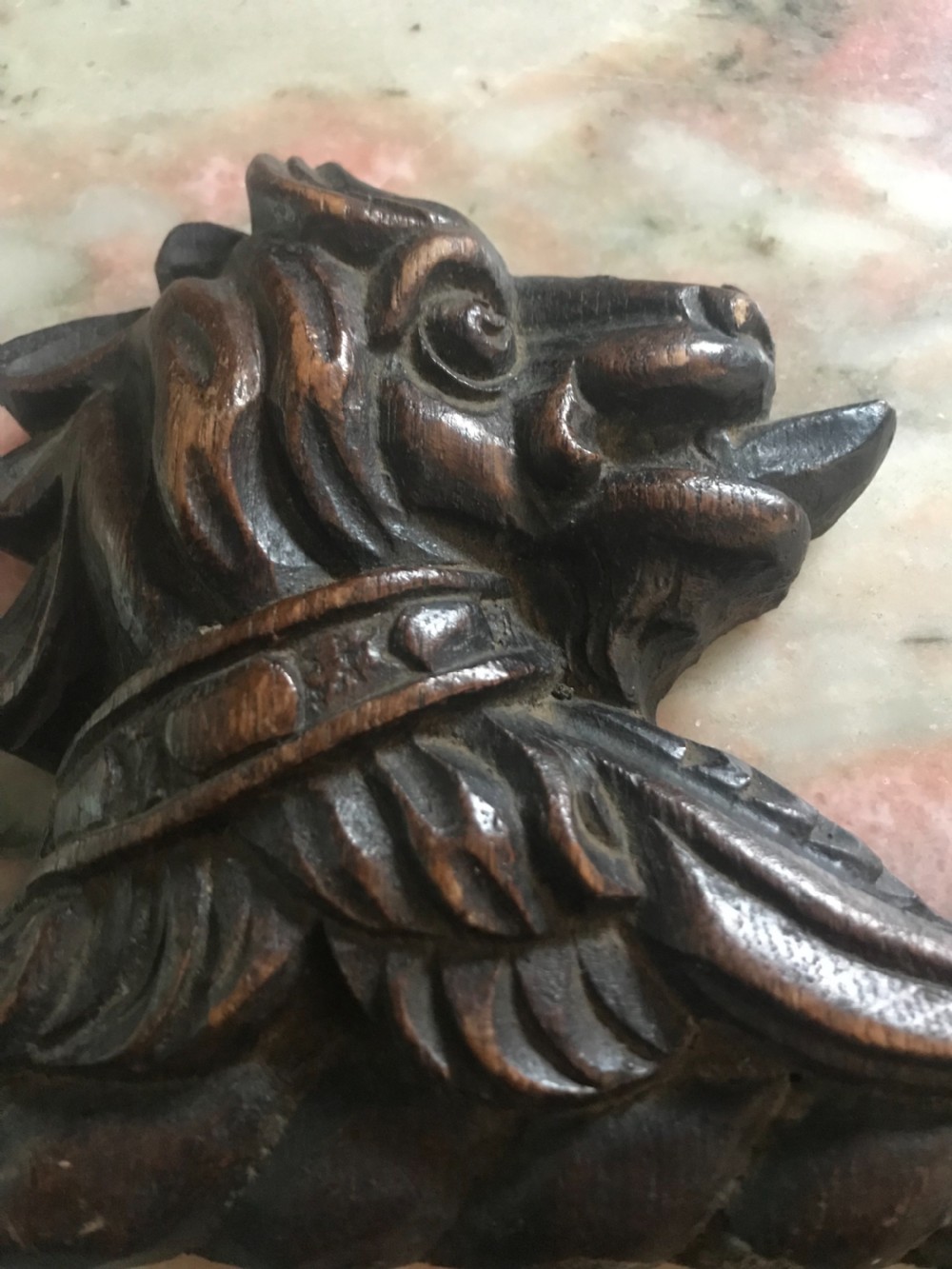 Victorian Carved Oak Dog Panel Pediment View II