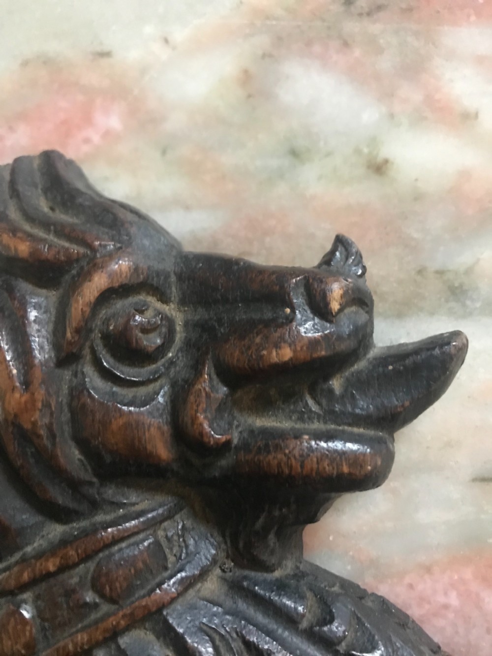 Victorian Carved Oak Dog Panel Pediment View III