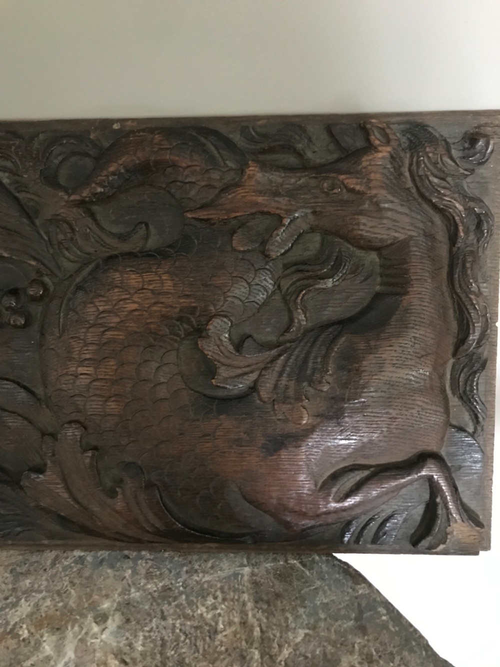 17TH CENTURY CARVED OAK MYTHICAL HIPPOCAMPUS PANEL View II