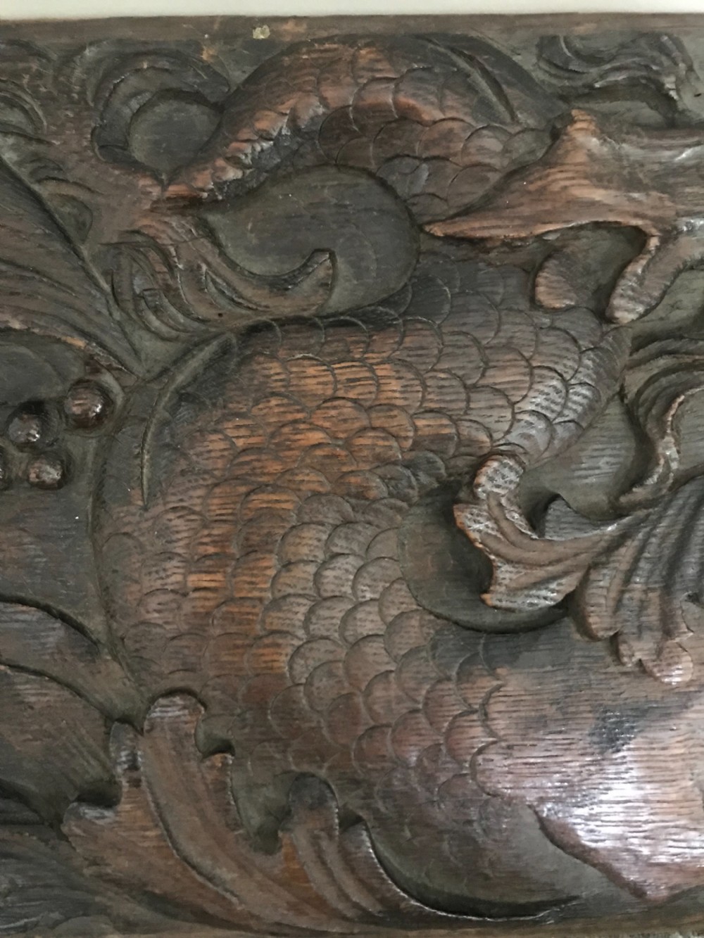 17TH CENTURY CARVED OAK MYTHICAL HIPPOCAMPUS PANEL View III