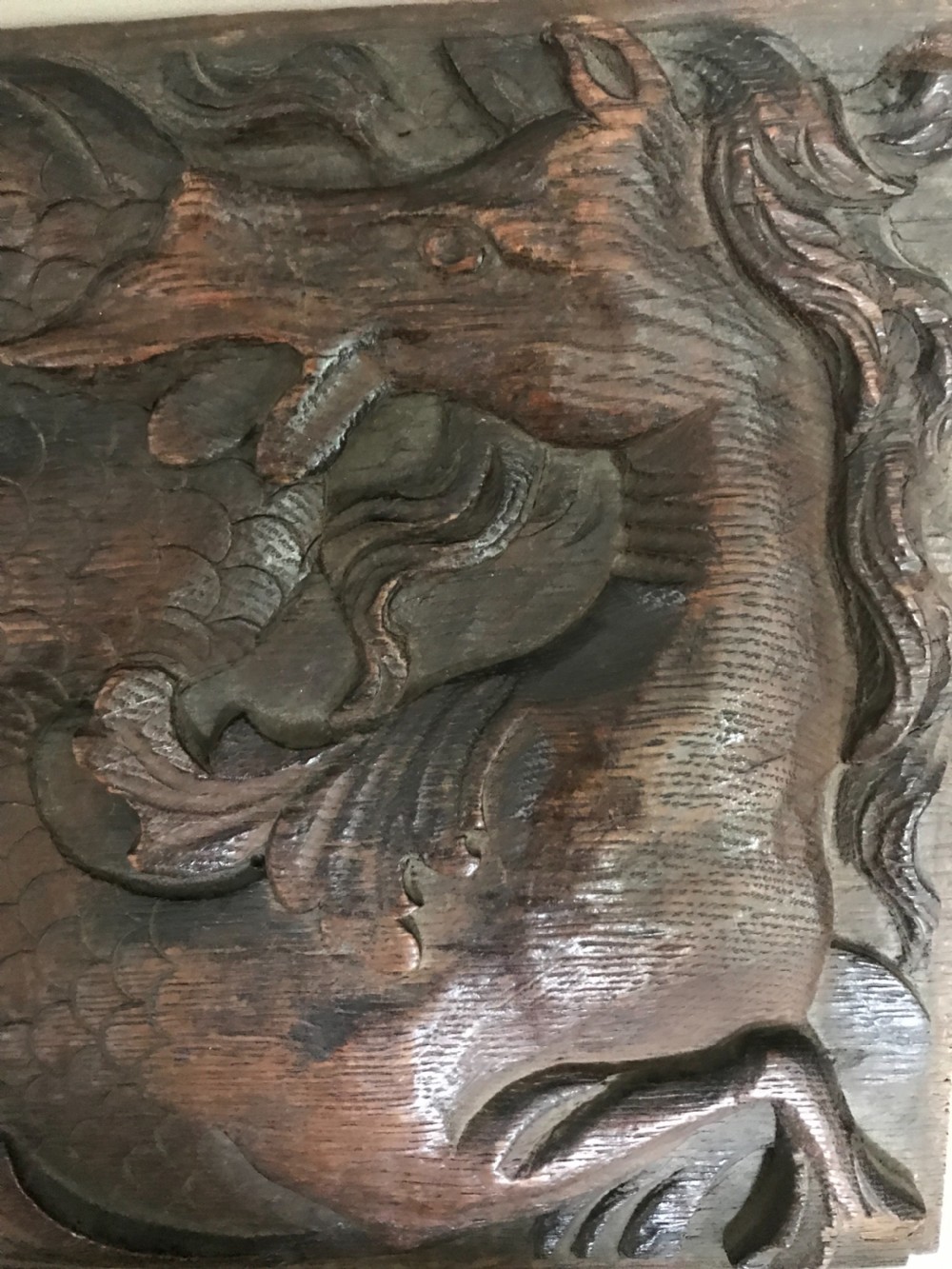 17TH CENTURY CARVED OAK MYTHICAL HIPPOCAMPUS PANEL View IV