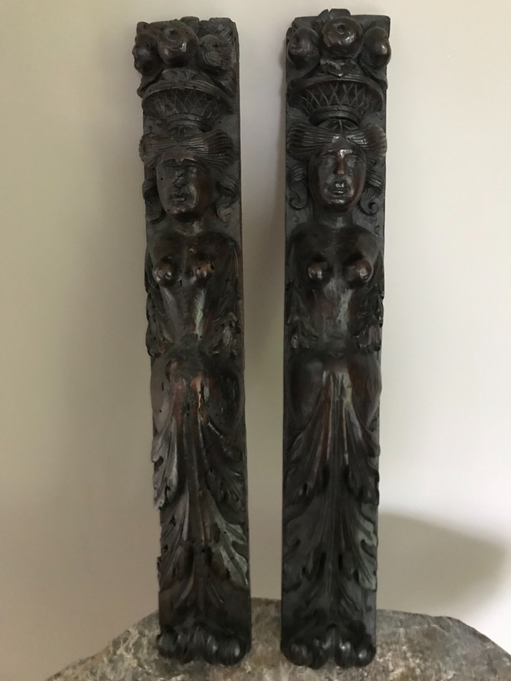 16th Century Carved Oak Female Caryatids Term View II