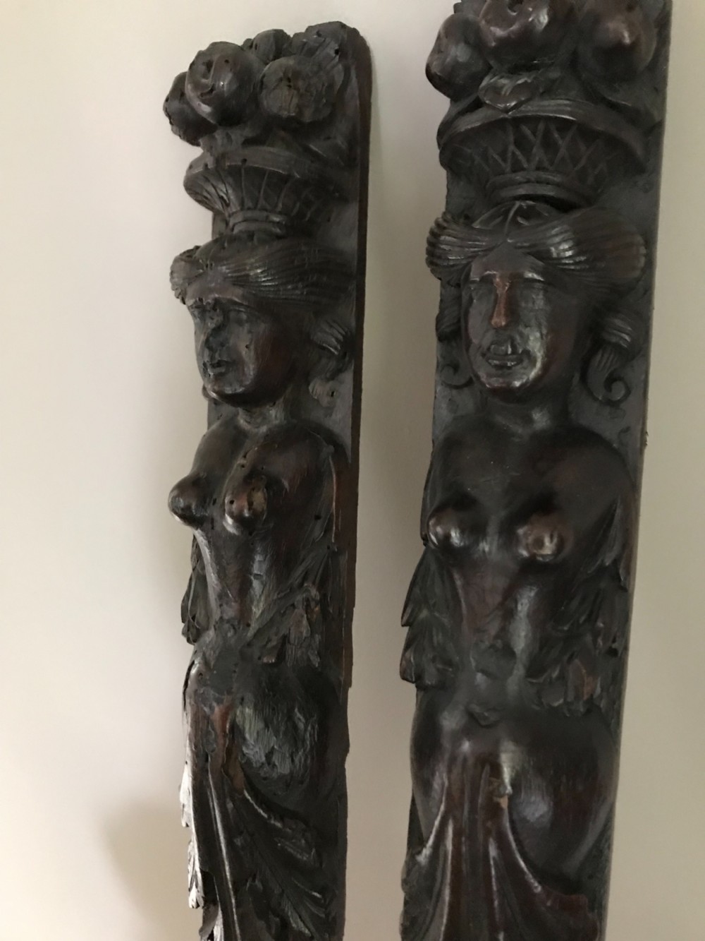 16th Century Carved Oak Female Caryatids Term View IV