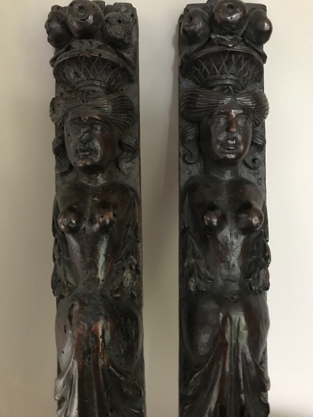 16th Century Carved Oak Female Caryatids Term View V