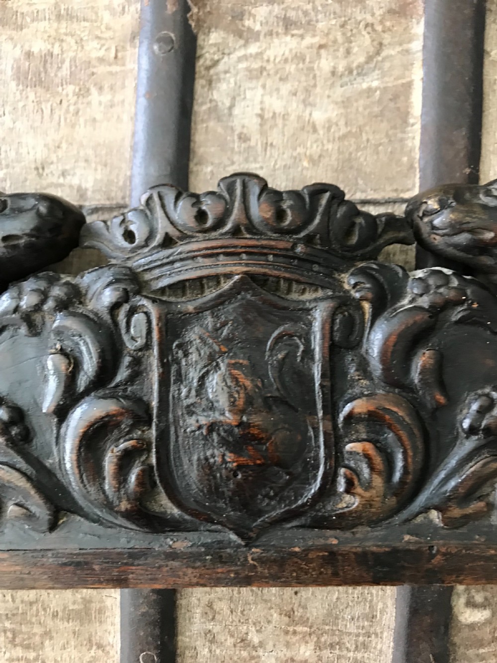 Antique Carved Walnut Heraldic Crest Mythical Dogs  View II