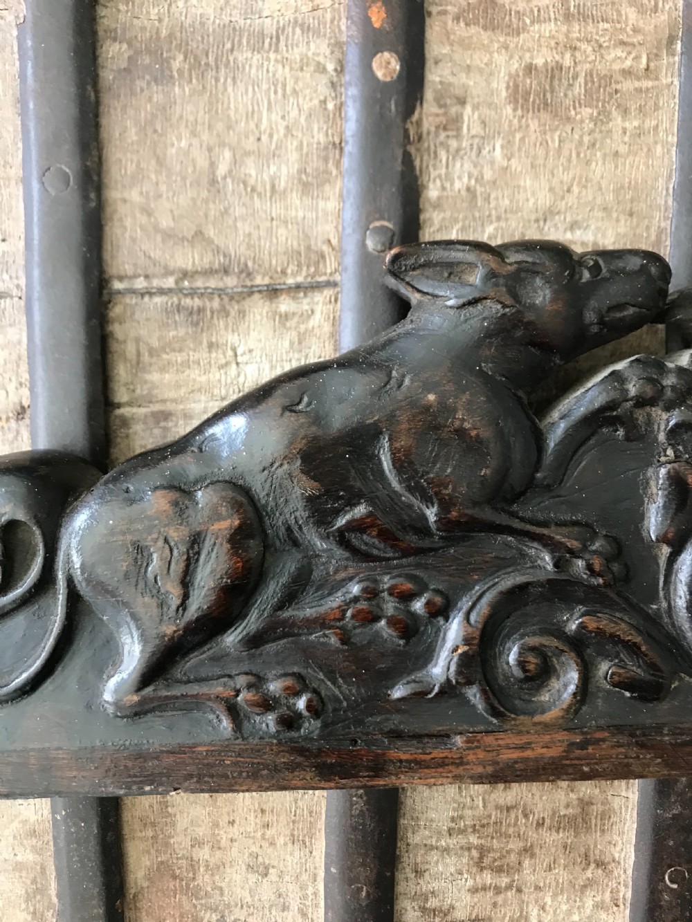 Antique Carved Walnut Heraldic Crest Mythical Dogs  View III
