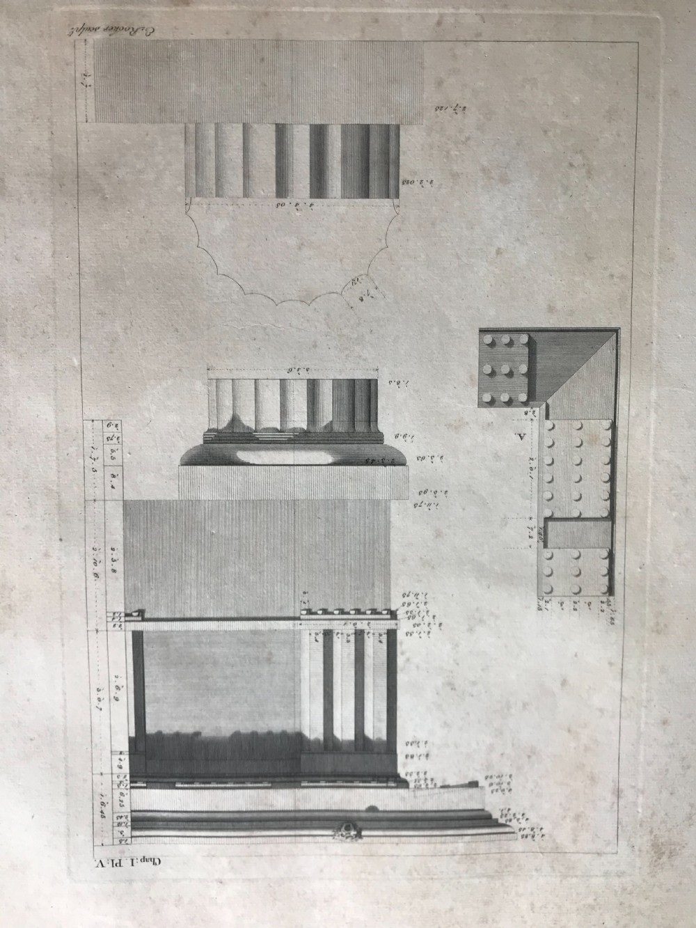 An eighteenth-century monochrome architectural engraving displaying the classical front elevation of the Doric Portico in Athens with Greek inscriptions. View III