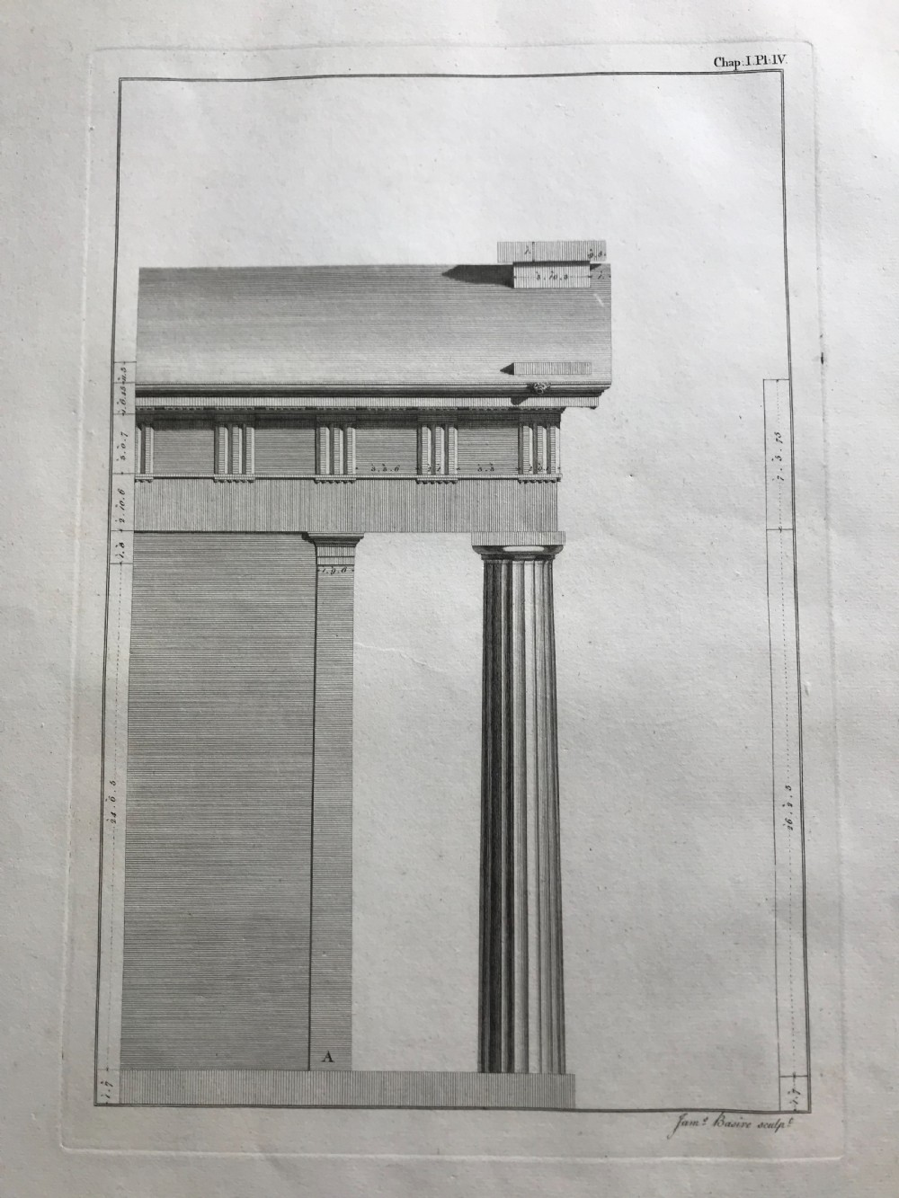 An eighteenth-century monochrome architectural engraving displaying the classical front elevation of the Doric Portico in Athens with Greek inscriptions. View IV