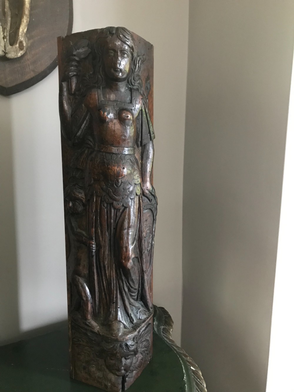 17th Century Carved Oak Panel Cardinal Virtue 'Charity'