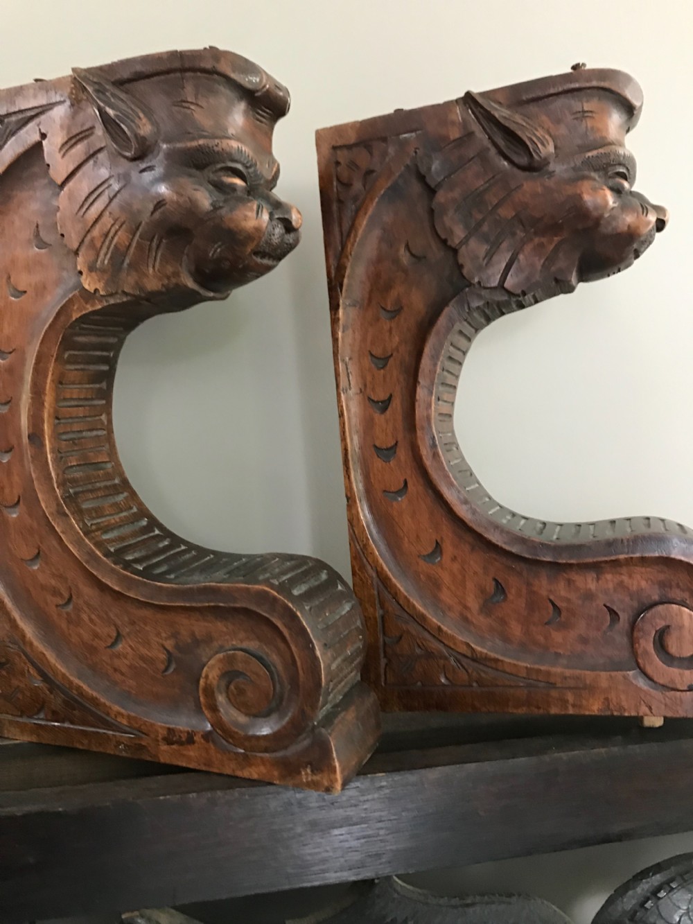 19TH CENTURY CARVED WALNUT BRACKETS GREEN MAN Satyrs