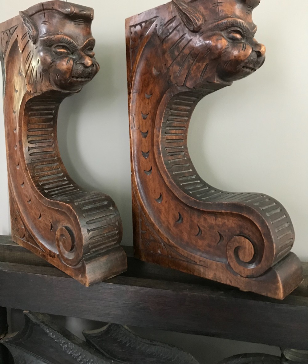 19TH CENTURY CARVED WALNUT BRACKETS GREEN MAN Satyrs View III