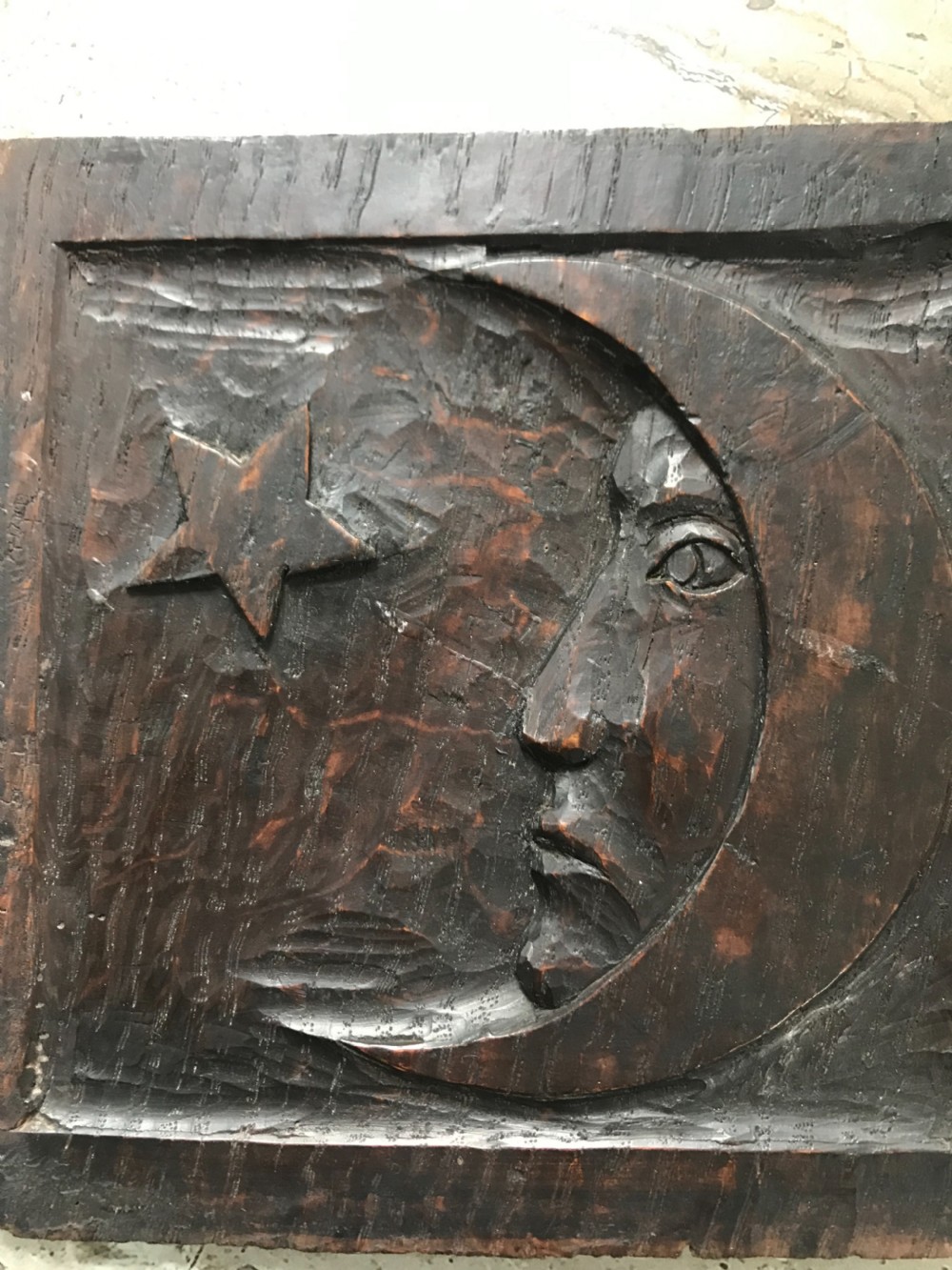 17th Century Carved Oak Panel of the Moon and Star
