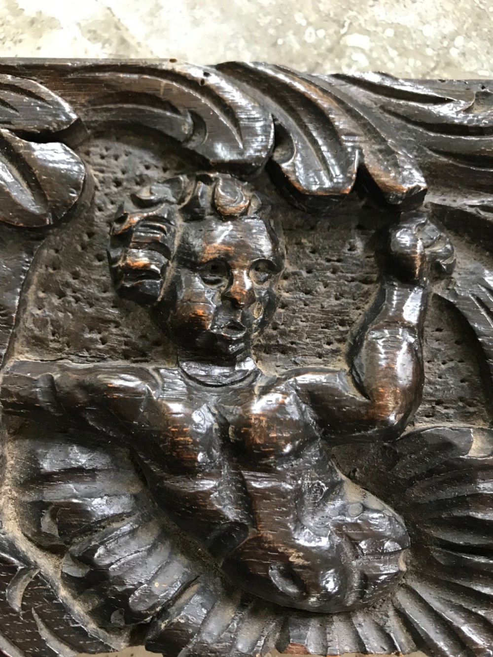 17th Century Carved Oak Panel of Cherubs as Flower Stamen View II