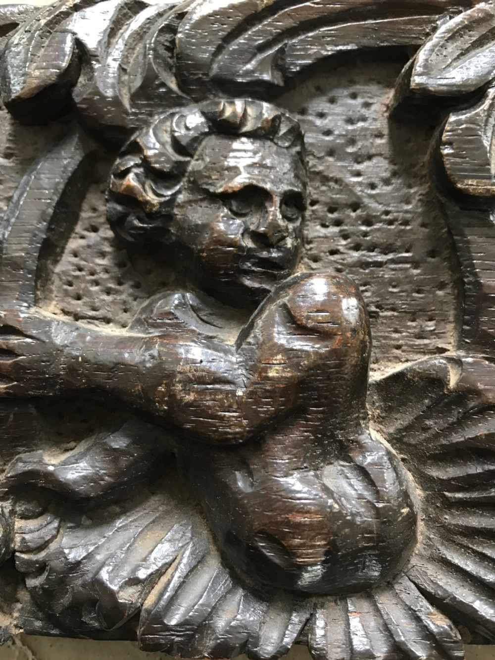 17th Century Carved Oak Panel of Cherubs as Flower Stamen View III