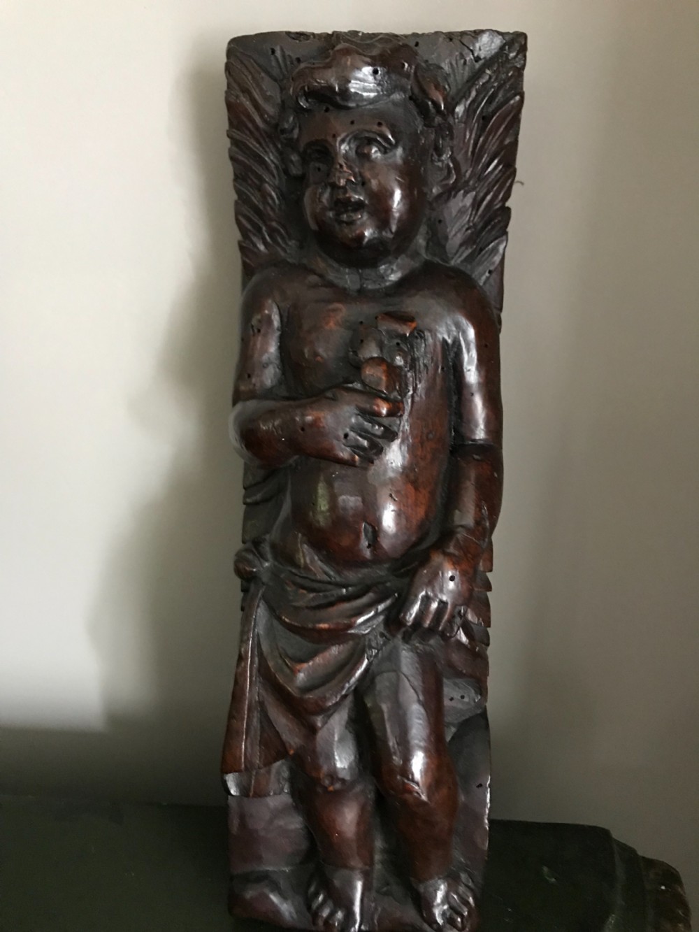 17t Century Carved Oak Winged Cherub Panel Caryatid