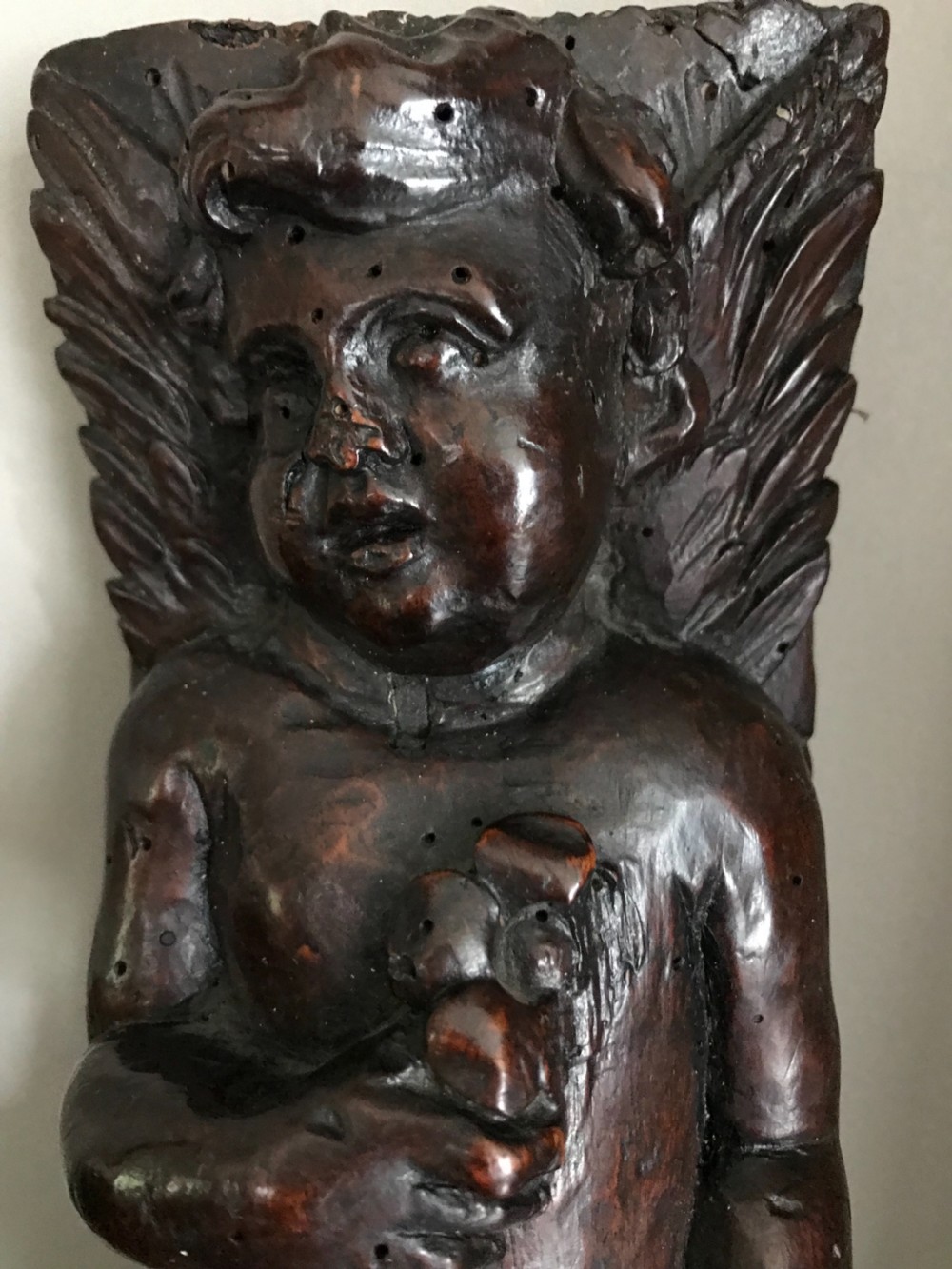 17t Century Carved Oak Winged Cherub Panel Caryatid View II