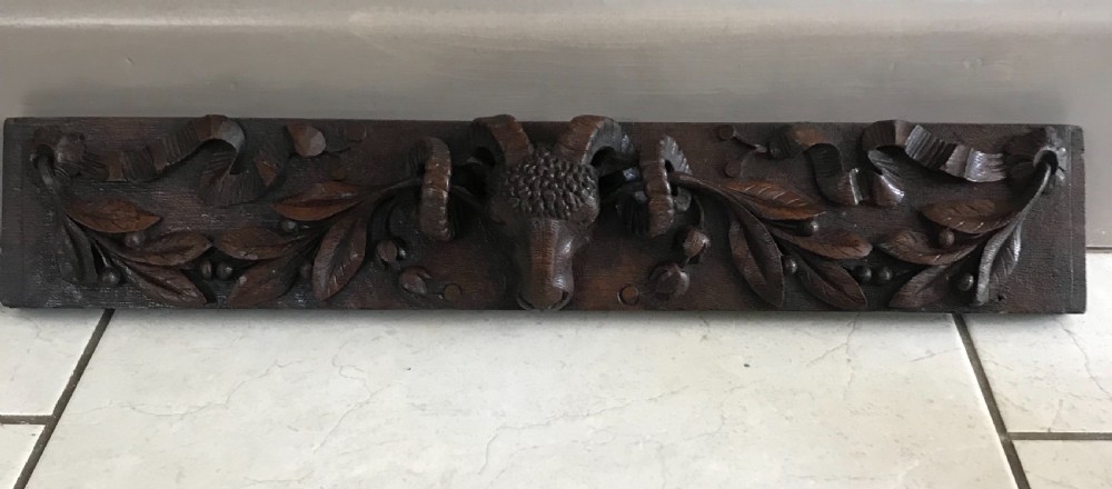 Antique Black Forest Carved Oak Ram's Head Panel